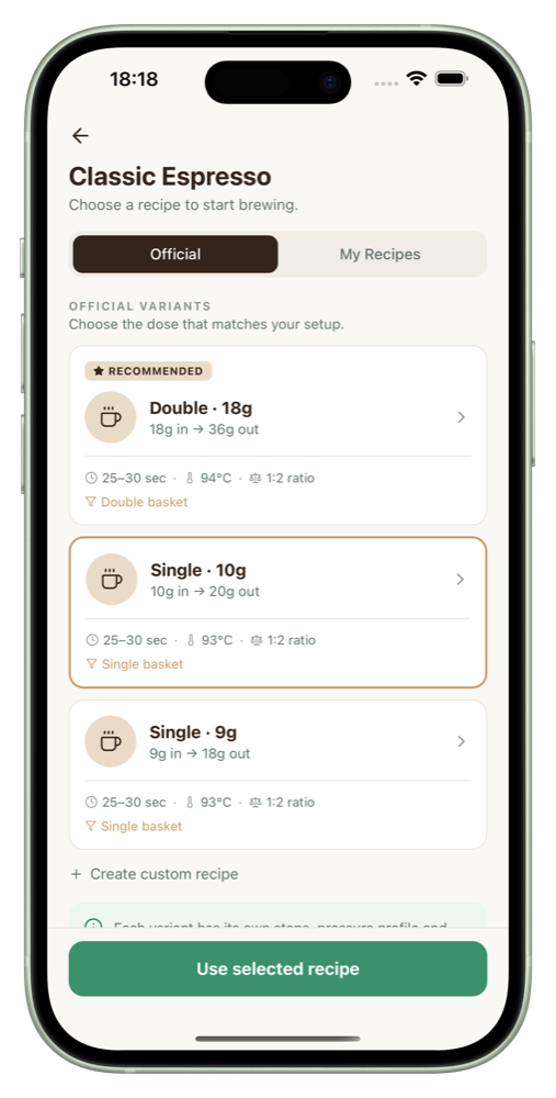 The Coffelio recipe screen on an iPhone